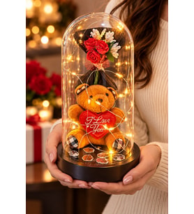 Sevgiliye Romantik Hediye I Iove You Kalpli Peluş Ayıcıklı Led Işıklı Fanus ve Gül Buketi 20 cm