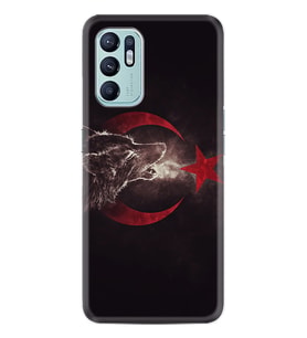 Oppo Reno 6 Kılıf Resimli Desenli Baskılı Silikon Kurt ve Ay Yıldız 1403