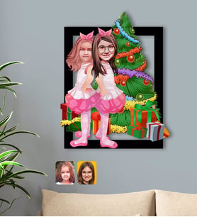 BK Gift Kişiye Özel Yeni Yıl Kız Kardeşler Karikatürlü 3D Ahşap Tablo-1