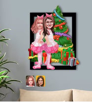 BK Gift Kişiye Özel Yeni Yıl Kız Kardeşler Karikatürlü 3D Ahşap Tablo-1
