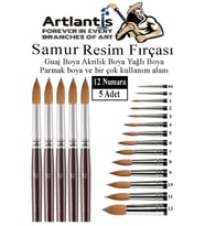Resim Fırçası 12 Numara 5 li 1 Paket Samur Yuvarlak Uçlu Fırça Seti Guaj Sulu Akrilik Yağlı Boya Fırçaları (Naturel)