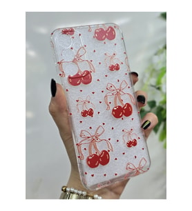 Samsung Galaxy A34 Uyumlu Kiraz ve Minik Kalpler Desenli Şeffaf Telefon Kılıfı