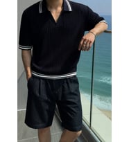 Oversize Fit Çizgili Triko Polo Yaka Erkek Tişört – Ribana Dokulu Premium Yazlık Model