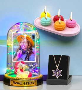 Kişiye Özel Renkli Led Işıklı Fanus, Makaron Mum ve Gerçek Ametist Taşlı Lotus Kolye (Model 10)