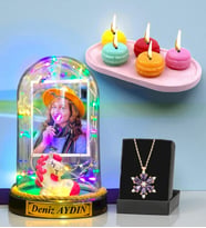 Kişiye Özel Renkli Led Işıklı Fanus, Makaron Mum ve Gerçek Ametist Taşlı Lotus Kolye (Model 10)
