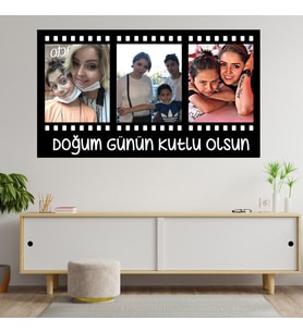 Kişiye Özel Doğum Günün Kutlu Olsun Film Şeriti 3 Fotoğraflı Ahşap Tablo