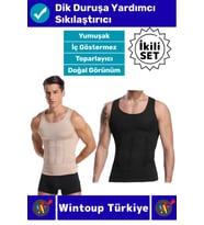 #Korse Kıyafet İçinde Belli Olmaz Dik Duruşa Yardımcı Göğüs Karın Sıkılaştıran Erkek Korse 2'li Set (Ten - Siyah)