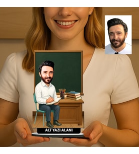 Kişiye Özel Öğretmen Karikatürlü 18 cm MDF Masaüstü Biblo - Öğretmen Hediyesi Öğretmene Özel Hediye