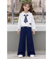 Kız Çocuk Saten Fular Detaylı Alt-Üst Takım 4-14 Yaş 12518HC MODANINO (İndigo)