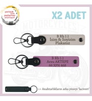 Motorcuya, İsim Plaka ve B Rh (-) Kan Grubu Yazılı Özel Tasarım Deri x2 Anahtarlık, Pudra-Pembe-Laci (Çok Renkli)