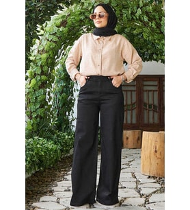 1067-Denim Bol Paça Pantolon Siyah
