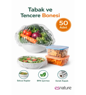 Esnature Streç Lastikli Buzdolabı Poşeti Tabak Tencere Gıda Saklama Bonesi 50 Adet Pratik Koruyucu (Şeffaf)