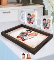 BK Gift Kişiye Özel İsimli Evleniyoruz Karikatürlü Doğal Ahşap Tepsi ve 2’li Kupa Bardak Seti-6
