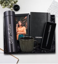 Kişiye Özel 500 ML Siyah Renk Dereceli Termos & Siyah Defter & Siyah Çerçeve & Mat Siyah Kalem & Siyah Porselen Kupa Hediye Seti