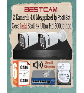 BESTCAM 2 Kameralı 4 Mega Piksel İP Poeli Set Gece Renkli Sesli 4K Ultra HD 500 GB HDD