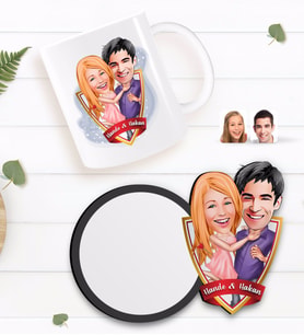 BK Gift Kişiye Özel Sevgililer Karikatürlü Beyaz Kupa ve Ahşap Bardak Altlığı Hediye Seti-3