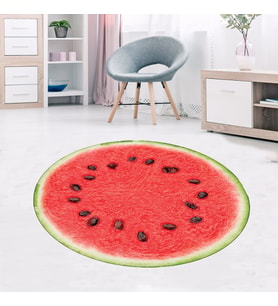 Karpuz Desenli Dijital Baskı Yıkanabilir Kaymaz Taban Yuvarlak Salon Halısı (Yeşil)
