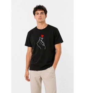 Erkek Kore Parmak Kalp Aşk Temalı Minimal Baskılı Tişört Yazlık Kısa Kol T-Shirt - Siyah