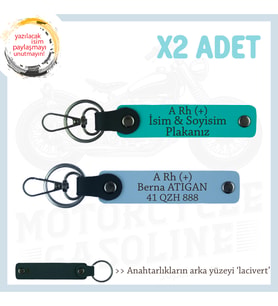 Sürücülere İsim Plaka ve A Rh (+) Kan Grubu Yazılı Kişiselleşmiş x2 Anahtarlık, K Turkuaz-Mavi-Laci