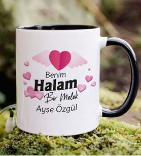 BK Gift Kişiye Özel Benim Halam Bir Melek Tasarımlı Siyah Kupa Bardak, Doğum Günü Hediyesi
