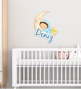 BK Gift Kişiye Özel Sevimli Çocuk Tasarımlı Çocuk Odası Ahşap Duvar Süsü-1 (Beyaz)