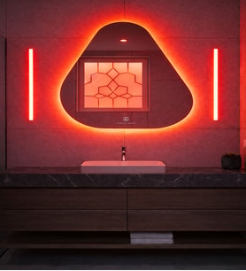Amorf Asimetrik Duvar Aynası 72x72 cm Modern Dekoratif Salon Antre Banyo Aynası Kararma Yapmaz (Kırmızı)
