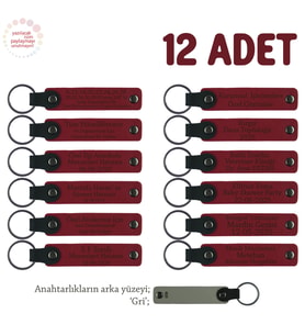Arkadaşlık Günü Hediyesi Olarak Sunulacak, 12'li Set, Kişisel Mesajlı Deri Anahtarlık, Kırmızı & Gri
