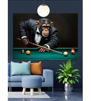 Bilardo Oynayan Şempanze Figürü Dekoratif Kanvas - Mdf Ahşap Tablo