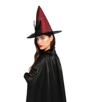 Hallowen Cadı Şapkası Çiçekli Tüylü Model Kırmızı Renkli Cadılar Bayramı Şapkası
