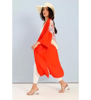 Kimono Arkası Baskılı Püsküllü Keten - Turuncu