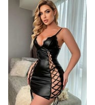 REAL PASSİONE Siyah Deri İp Detaylı Gece Elbisesi