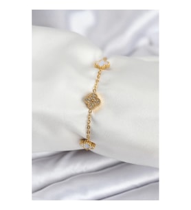 Mey İthalat® 316L Çelik Gold Renk Beyaz ve Zirkon Taşlı Baby Boy Yonca Kadın Bileklik