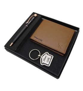 Signator D244 Kişiye Özel Set - Deri Cüzdan + Krom Ev Anahtarlık + Siyah Lake Kalem Seti  İsme Özel Hediyelik Set (Karışık)