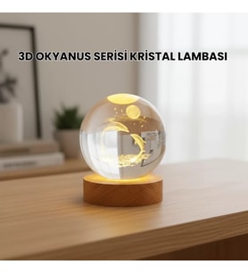 3d Yunus Desenli Kristal Küre Ahşap Tabanlı Işıklı Dekor Objesi
