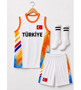 Beyaz Türkiye Armalı Çocuk Basketbol Forması Takımı 3 Parça Forma+Şort+Çorap