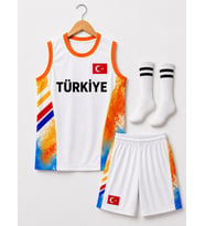Beyaz Türkiye Armalı Çocuk Basketbol Forması Takımı 3 Parça Forma+Şort+Çorap