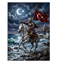 Beyaz At Üzerinde Türk Bayraklı Savaşçı Sahilde Dekoratif Kanvas - Mdf Ahşap Tablo