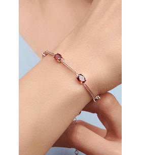 Gümüş Rose Oval Kırmızı Lal Garnet Taşlı Gurmet Zincirli Bileklik