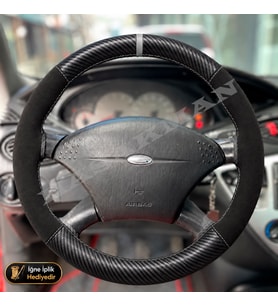 Ford Focus Dikme Direksiyon Kılıfı Alcantara Süet Mat Karbon Gri Yüzük ve Dikiş Comfort-Trend-Ghia 2001-2005
