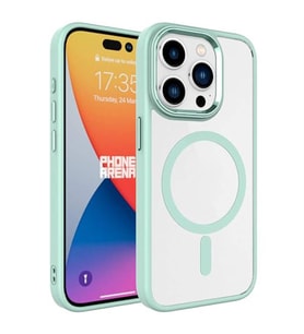 Coverzone iPhone 15 Pro ile uyumlu K?l?f Wireless ?arj �zellikli Metal buton Z-Krom MagSafe ile uyumlu ?effaf Transparan Double Color Silikon Kapak Ye?il