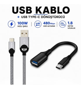 Philips 5A 100W UsbA to Type-C Örgülü 1.2M Hızlı Şarj Data Kablosu+ ScHitec Type-C to UsbA 3.0 OTG Dönüştürücü Adaptör