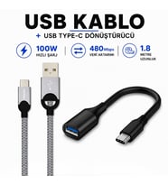 Philips 5A 100W UsbA to Type-C Örgülü 1.2M Hızlı Şarj Data Kablosu+ ScHitec Type-C to UsbA 3.0 OTG Dönüştürücü Adaptör