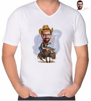 BK Gift Kişiye Özel Rodeo Karikatürlü V Yaka Tişört-1 (Beyaz)