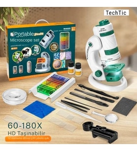 TechTic Dijital Mikroskop Seti 60-180x Büyütme El Mini Eğitici Çocuk Mikroskobu 21 Parça Eğitici Set