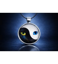 Cam Kaplama Siyah Çelik Zincir Kedi Gözü Tasarımlı Yin Yang Kolye