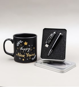 Yılbaşına Özel Happy New Years Kupa & 32 gb Usb Siyah Kalem Hediye Seti