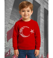 Unisex Ay Yıldızlı 19 Mayıs 29 Ekim 23 Nisan 10 Kasım Atatürk Çocuk 3 İplik Şardonlu Sweatshirt (Kırmızı)