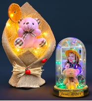 Kişiye Özel Renkli Led Işıklı Fanus ve Led Işıklı Pembe Ayıcık Buketi Hediye Seti (Model 2)