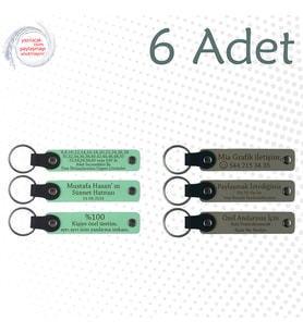 Yeşil & Kül Gri, Aile Gecelerine Özel Hatıra, 6’lı Set, İsim Yazılabilen Deri Anahtarlık