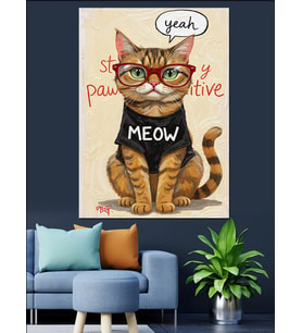 Gözlüklü Kedi Meow Yazılı Dekoratif Kanvas - Mdf Ahşap Tablo